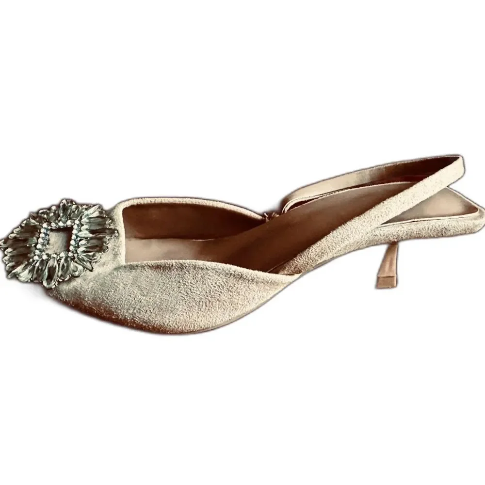Nude Vegan Leather Glam Kitten Heel Rhinestone Buckle Slingback Pointed Pumps 38